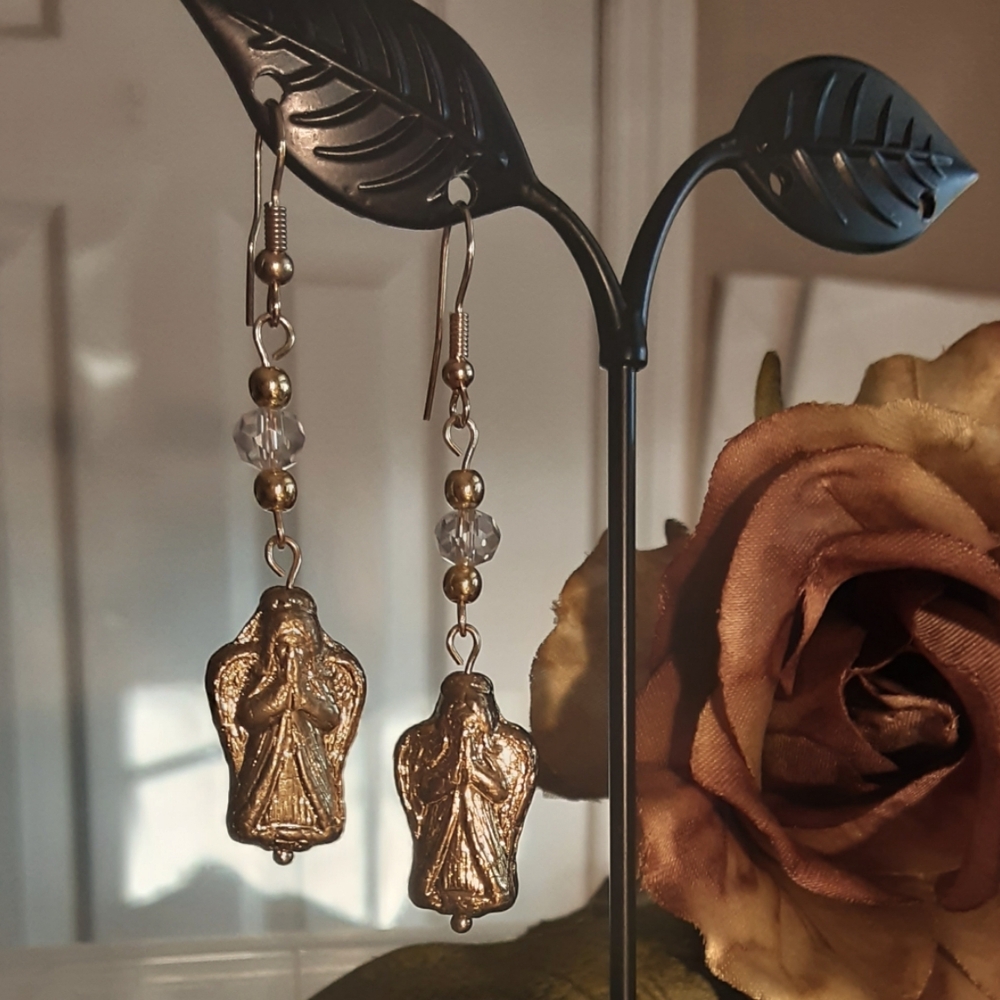 Hand Crafted Angel Earrings Gold Tone  Pierced